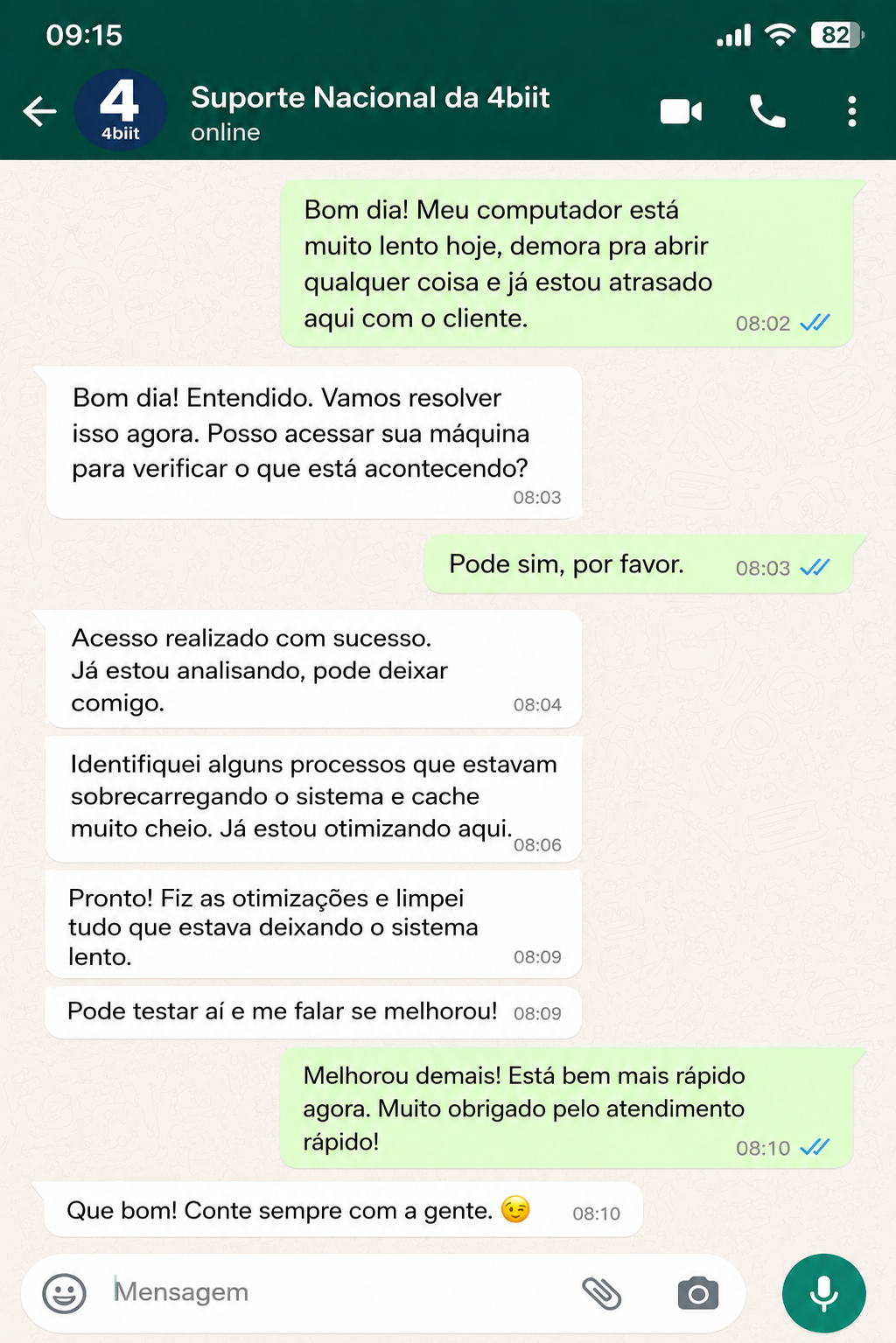 Conversa real de suporte via WhatsApp resolvendo um computador lento em 8 minutos